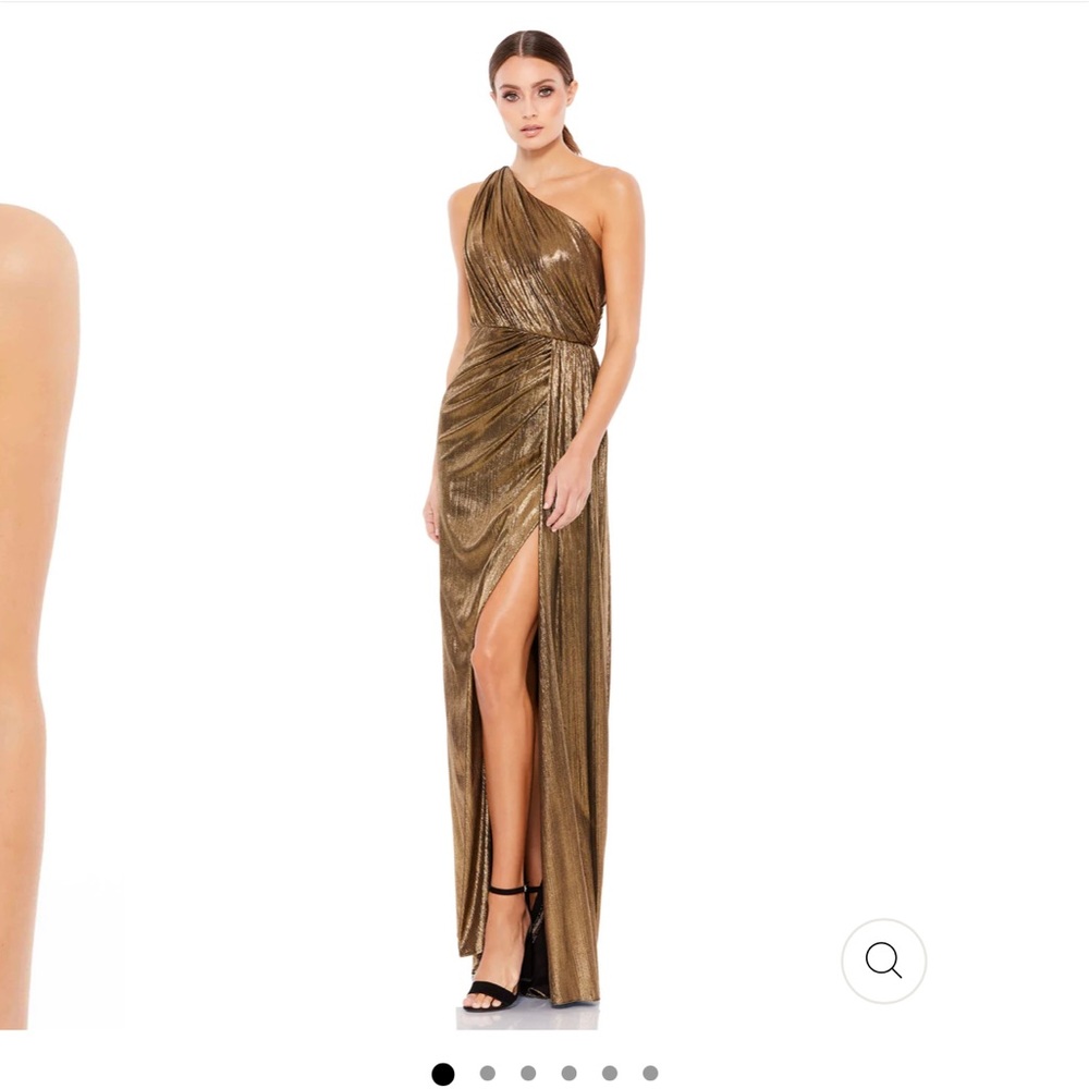 Mac Duggal One Shoulder Gold Grecian gown
